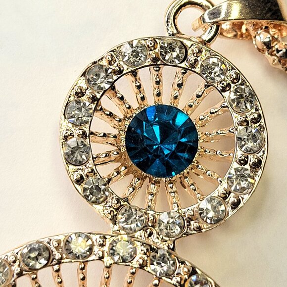 Three Ring Pendant Necklace, Crystal Pendant on a Gold Tone Long Necklace - Picture 7 of 10